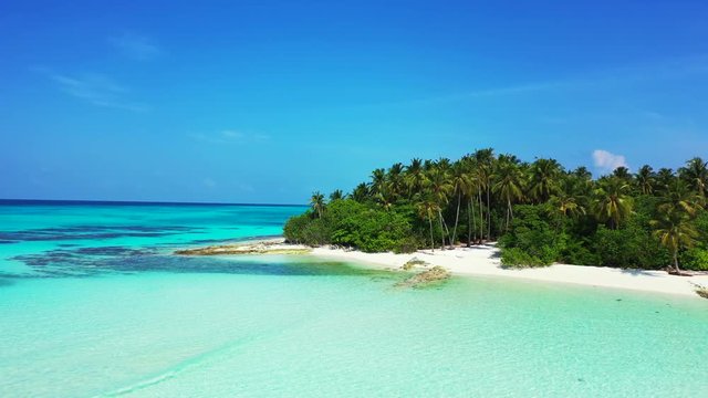 A Caribbean island, forested with palm trees.  Turquoise shallow water in the foreground. Pan movement right, truck left.