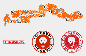 Electrical bulb mosaic the Gambia map and grunge round stamp seals. Mosaic vector the Gambia map is composed with electrical bulb elements. Templates for electric services. Orange and red colors used.