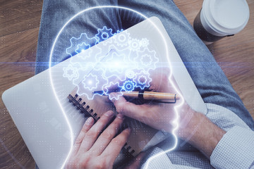 Haman brain multi exposure icon with man hands background.