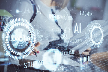 Multi exposure of woman's writing hand on background with data technology hud. Big data concept.