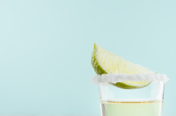 Homemade summer shot drink tequila  with slice lime, salt of rim on soft light pastel blue...