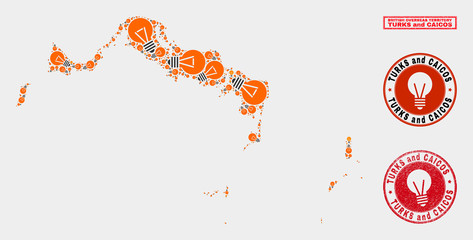 Electrical lamp mosaic Turks and Caicos Islands map and rubber rounded stamp seals. Mosaic vector Turks and Caicos Islands map is created with electrical lamp elements.