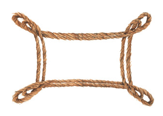 Watercolor painting of Brown rope frame with knots. Isolated on white background. Nautical style.