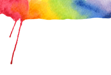 Rainbow colors of paint dripping on white background. Abstract watercolor flow down hand painted background. Textured paper. colorful paint ink droplet. 