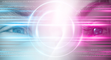 Eyes of a man and a female on a bright abstract background with holograms