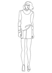 Fashion women sketch. Fashion illustration for magazine. Fashion silhouette of model in line sketching. Hand drawn young lady model. Woman silhouette in black ink lines illustration black white 