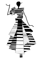 Art fashion silhouette of costume posing in the style of an abstract pattern with geometric elements in black and white graphics