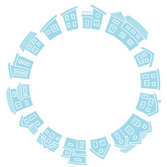 サークル状に配置された家だけのシルエット(ライトブルー)