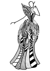Art fashion silhouette of costume posing in the style of an abstract pattern with geometric elements in black and white graphics