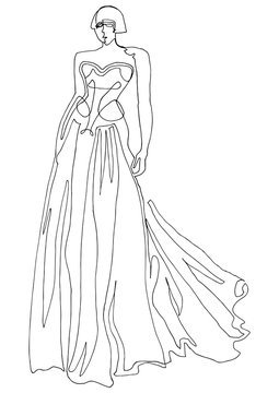 Fashion women illustration in long dress. Fashion illustration silhouette of model in line sketching. Hand drawn young model art. Woman in long dress with pleats in black ink lines illustration