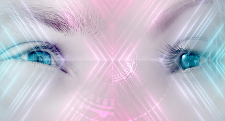 Eyes of a man and a female on a bright abstract background with holograms