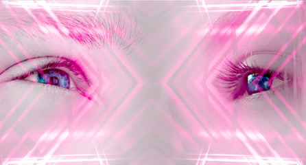 Eyes of a man and a female on a bright abstract background with holograms