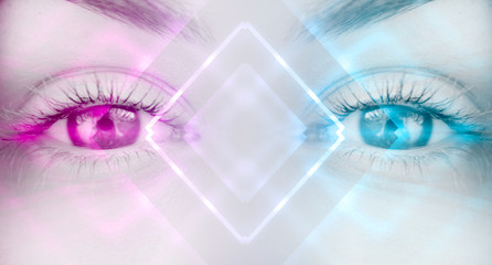 Eyes of   female on a bright abstract background with holograms