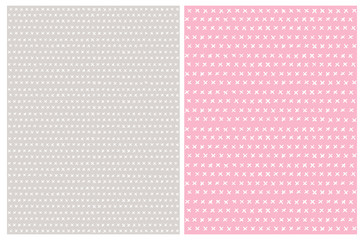 2 Simple Abstract Cross Sign Vector Patterns. White Irregular Brush Crosses on a Pink and Light Gray Backgrounds. Funny Hand Drawn Geometric Repeatable Design. Irregular Infantile Style Check Marks.