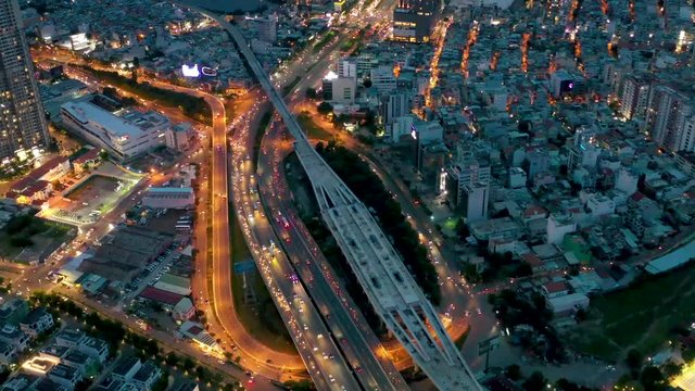 Aerial view of Downtown district of Ho Chi Minh City, aka Saigon, on sunset , including architectural landmark , South Vietnam