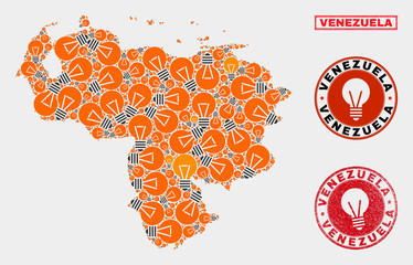 Electric lamp mosaic Venezuela map and rubber round stamps. Mosaic vector Venezuela map is composed with electric lamp symbols. Abstraction for power supply services. Orange and red colors used.