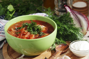 A bowl with traditional Ukrainian borscht	
