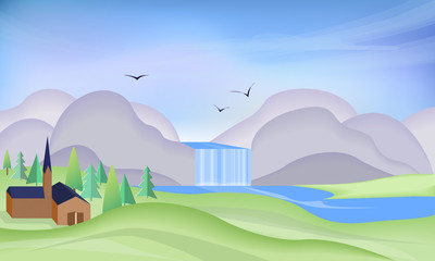 Country landscape. Freehand drawn cartoon outdoors style. Farm houses, green fields on the background of mountains and waterfall. Sunny day, sky, hills. Village countryside scene background. Vector
