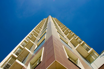 Height. Tall building bottom up view.