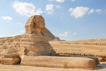 The great Sphinx at the Giza pyramids complex, architectural monument in Egypt