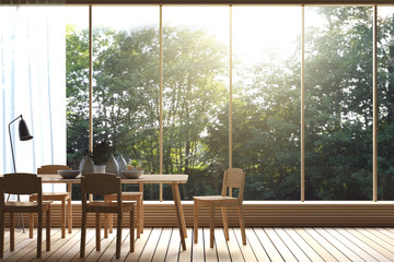 3D Rendering : illustration of Modern dining room with nature view. decorate room with wooden cozy style interior. large window looking to nature and forest with sunlight. white curtain.