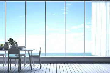 Fototapeta na wymiar 3D Rendering : illustration of Modern dining room with sea view. decorate room with wooden cozy style interior. large window looking to nature and blue sea with sunlight. white curtain.