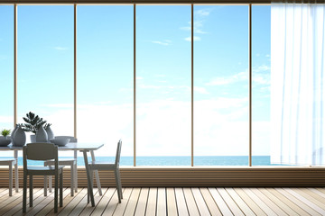3D Rendering : illustration of Modern dining room with sea view. decorate room with wooden cozy style interior. large window looking to nature and blue sea with sunlight. white curtain.