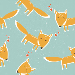 Foxes and hearts, hand drawn backdrop. Colorful seamless pattern with animals. Decorative cute wallpaper, good for printing. Overlapping background vector. Design illustration