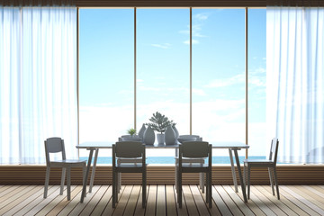 3D Rendering : illustration of Modern dining room with sea view. decorate room with wooden cozy style interior. large window looking to nature and blue sea with sunlight. white curtain.