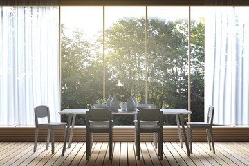 3D Rendering : illustration of Modern dining room with nature view. decorate room with wooden cozy style interior. large window looking to nature and forest with sunlight. white curtain.