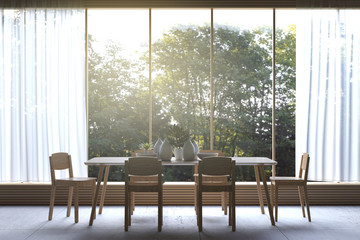 3D Rendering : illustration of Modern dining room with nature view. decorate room with wooden cozy style interior. large window looking to nature and forest with sunlight. white curtain.