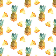 Watercolor tropical seamless pattern with pineapple on a white background