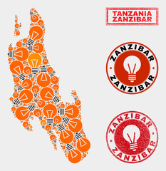 Illumination bulb mosaic Zanzibar Island map and grunge rounded stamps. Collage vector Zanzibar Island map is created with illumination bulb icons. Templates for electric business.