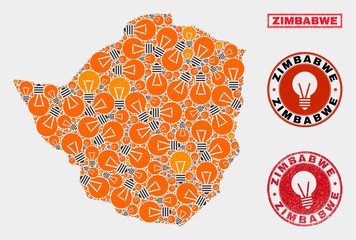 Electric bulb mosaic Zimbabwe map and rubber round stamps. Mosaic vector Zimbabwe map is designed with imagination bulb elements. Abstraction for electric services. Orange and red colors used.