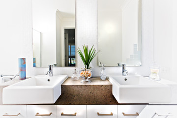 Counter top of a washroom including sink and taps
