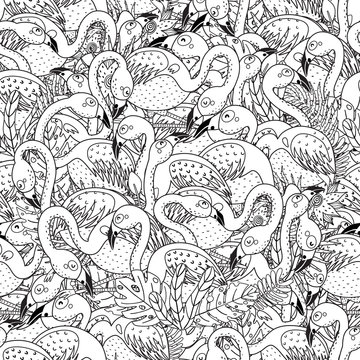Black and white flamingos seamless pattern. Coloring page for adults and children