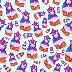 Seamless pattern unicorn sits at the table on which the cake on his birthday. Drawn by hand. Watercolor illustration with colored pencils isolated on a light blue  background. 