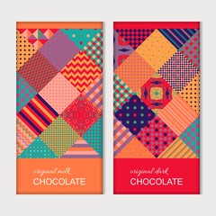 Chocolate bar packaging. Trendy template with bright multicolor patchwork pattern. Colorful geometric ornament. Vector design.