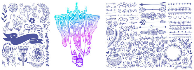 hand drawing floral design elements set and indian elephant sketch