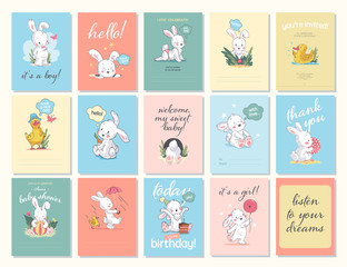 Fototapeta na wymiar Vector baby shower design template collection. Cute hand drawn little bunny character. Flat lay. Pastel colors. For happy birthday and anniversary party invitations, greeting cards, tags etc.