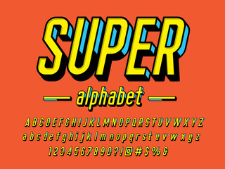 Superhero comic style vector font with uppercase, lowercase, numbers and symbols
