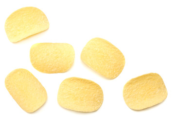 Group of potato chips isolated on white background. top view