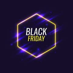 Black Friday banner. Original poster for discount. Neon glow against a dark background.