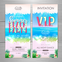 Summer party poster design. Disco party invitation design. Top view of tropic summer beach with ocean background.