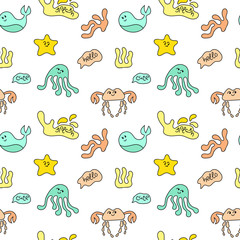 Cute sea animals, underwater plants, wildlife, ocean, underwater world. Doodle seamless pattern. Flat drawing style, hand drawn.