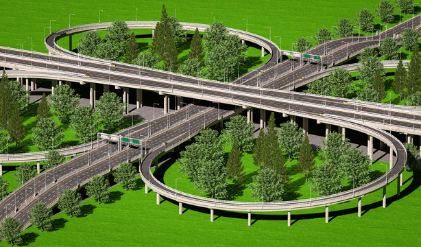 3d illustration of road multilevel transport interchanges.