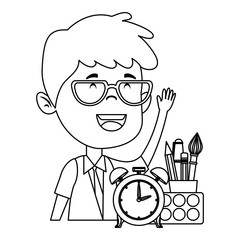 happy student boy with alarm clock and supplies