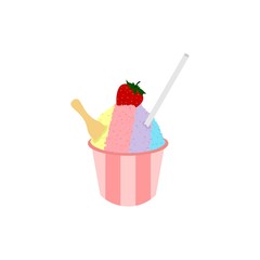 Shaved ice with strawberry logo.