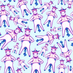 Seamless Pattern Unicorn is standing on two hooves, ready for sports activities. Watercolor hand drawn illustration with colored pencils isolated on a light blue background. 