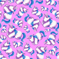 Fototapeta na wymiar seamless pattern a Cute sleeping unicorn. Watercolor hand drawn illustration with colored pencils isolated on a pink background. 